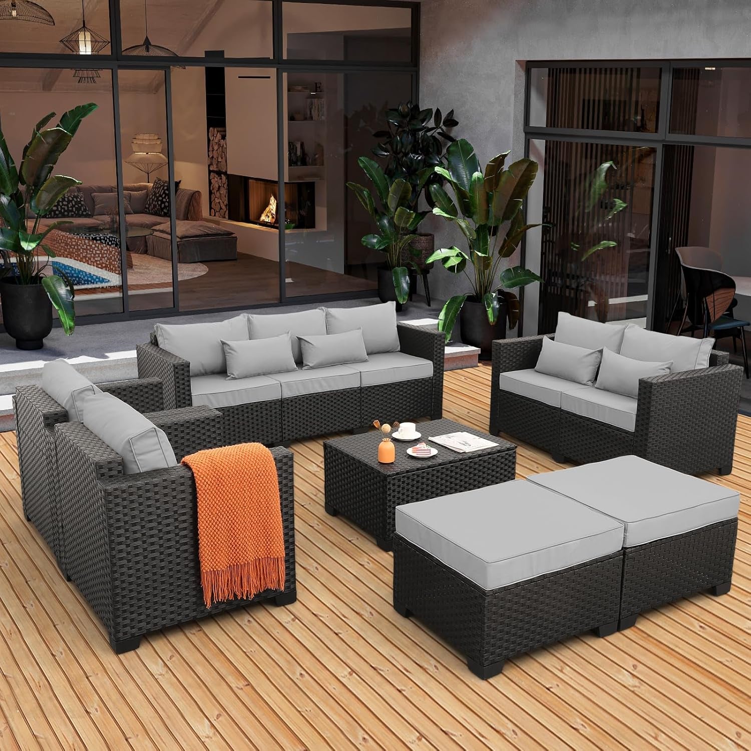 Patio Furniture Sets 7 Pieces Outdoor Furniture Sectional Patio Couches Set Storage Table No-Slip Grey Cushions and Waterproof Covers